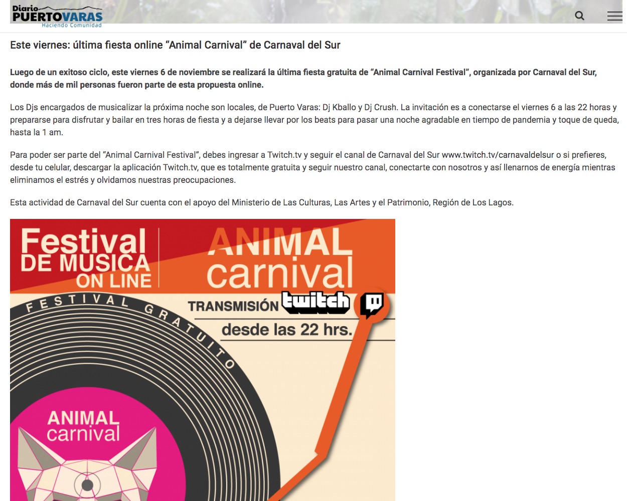 Este viernes: última fiesta online “Animal Carnival” de Carnaval del Sur